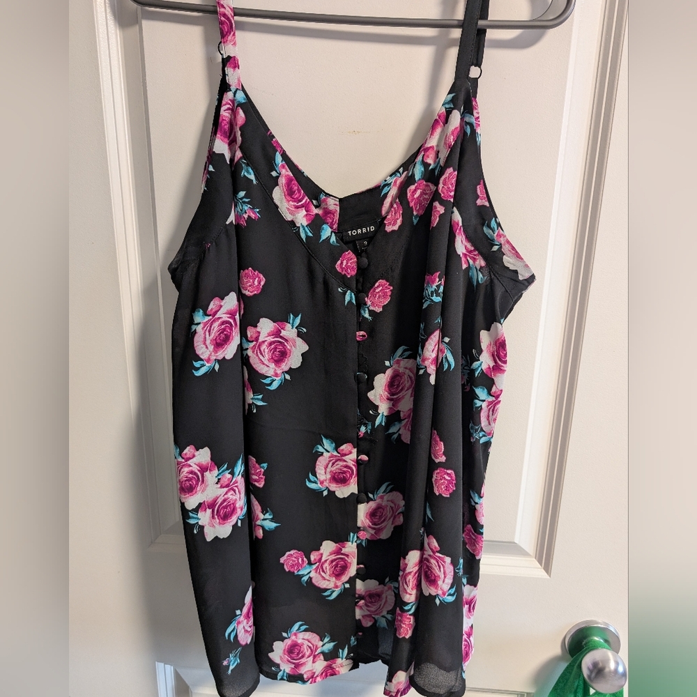 Torrid Black Camisole with Pink Floral Design